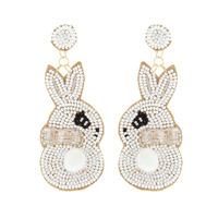 2-TIER COTTON TAIL EASTER BUNNY BEADED EMBROIDERY DANGLE AND DROP EARRINGS