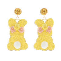 2-TIER COTTON TAIL FLORAL EASTER BUNNY BEADED EMBROIDERY DANGLE AND DROP EARRINGS