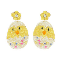 2-TIER EASTER EGG CHICK BEADED EMBROIDERY DANGLE AND DROP EARRINGS