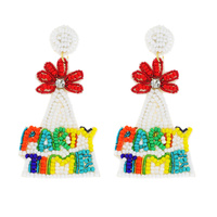 2-TIER MULTICOLOR JEWELED "PARTY TIME" BIRTHDAY HAT DANGLE AND DROP BEADED EMBROIDERY EARRINGS