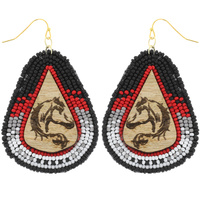 WESTERN WOOD ENGRAVED HORSE DESIGN SEED BEAD TEARDROP DANGLE AND DROP HOOK EARRINGS