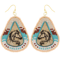 WESTERN WOOD ENGRAVED HORSE DESIGN SEED BEAD TEARDROP DANGLE AND DROP HOOK EARRINGS