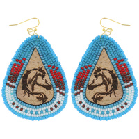 WESTERN WOOD ENGRAVED HORSE DESIGN SEED BEAD TEARDROP DANGLE AND DROP HOOK EARRINGS