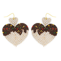 3-TIER BEADED EMBROIDERY CHOCOLATE COVER SPRINKLES HEART SHAPED DANGLE AND DROP HOOK EARRINGS
