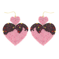 3-TIER BEADED EMBROIDERY CHOCOLATE COVER SPRINKLES HEART SHAPED DANGLE AND DROP HOOK EARRINGS