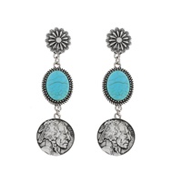 3-TIER FLORAL POST WESTERN AMERICAN BUFFALO SILVER DOLLAR AND TURQUOISE SEMI STONE LONG DROP LINEAR EARRINGS