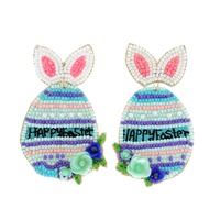 2-TIER BUNNY EAR POST "HAPPY EASTER" FLORAL STRIPED EGG BEADED EMBROIDERY DANGLE AND DROP EARRINGS