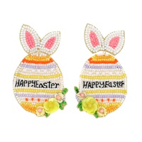 2-TIER BUNNY EAR POST "HAPPY EASTER" FLORAL STRIPED EGG BEADED EMBROIDERY DANGLE AND DROP EARRINGS
