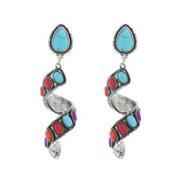 2-TIER WESTERN TEARDROP POST TURQUOISE SEMI STONE SPIRAL DANGLE AND DROP EARRINGS IN OXIDIZED SILVER TONE METAL