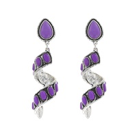 2-TIER WESTERN TEARDROP POST TURQUOISE SEMI STONE SPIRAL DANGLE AND DROP EARRINGS IN OXIDIZED SILVER TONE METAL