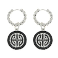 GREEK KEY SQUARE CRYSTAL RHINESTONE PAVE ENAMEL COATED CIRCULAR CHARM TWISTED HOOP EARRINGS