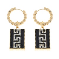 GREEK KEY SQUARE CRYSTAL RHINESTONE PAVE ENAMEL COATED RECTANGULAR CHARM TWISTED HOOP EARRINGS