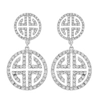 FASHIONISTA 2-TIER GREEK KEY SQUARE CRYSTAL RHINESTONE DOUBLE DISC DANGLE AND DROP EARRINGS