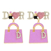 2-TIER FASHIONISTA CRYSTAL RHINESTONE ENAMEL COATED TOP HANDLE PURSE "D" CHARM EARRINGS