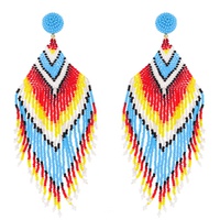 2-TIER TAPERED TRIANGULAR SUNBURST DESIGN BEADED TASSEL LONG DROP EARRINGS