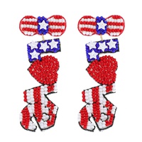 2-TIER "LOVE" USA FLAG PATTERN PATRIOTIC BEADED EMBROIDERY LONG DROP EARRINGS