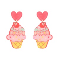 2-TIER HEART POST STRAWBERRY ICE CREAM SUNDAE GLITTER ACRYLIC DANGLE AND DROP EARRINGS