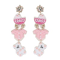 2-TIER JEWELED GENDER REVEAL PARTY BABY CARRIAGE, ONESIE AND TEDDY BEAR BEADED EMBROIDERY LONG DROP EARRINGS