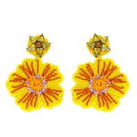 2-TIER JEWELED HIBISCUS FLORAL BEADED EMBROIDERY DANGLE AND DROP EARRINGS