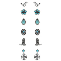 6-PAIR ASSORTED WESTERN THEMED STUD TURQUOISE SEMI STONE EARRINGS SET