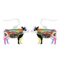 WESTERN MULTICOLOR ENAMEL COATED COW  DANGLE AND DROP HOOK EARRINGS IN SILVER TONE METAL