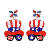 2-TIER JEWELED PATRIOTIC TOP HAT AND GLASSES BEADED EMBROIDERY DANGLE AND DROP EARRINGS