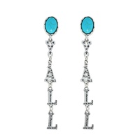 WESTERN "YALL" TURQUOISE SEMI STONE LINEAR LONG DROP EARRINGS IN OXIDIZED SILVER TONE METAL