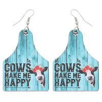 COWS MAKE ME HAPPY  COUNTRY GIRL CATTLE TAG DANGLE AND DROP WOOD PRINT HOOK EARRINGS IN SILVER TONE METAL
