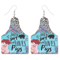 JUST A GIRL WHO LOVES PIGS COUNTRY GIRL CATTLE TAG DANGLE AND DROP WOOD PRINT HOOK EARRINGS IN SILVER TONE METAL