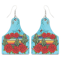 DESSERT BLOOMING CACTUS CATTLE TAG DANGLE AND DROP WOOD PRINT HOOK EARRINGS IN SILVER TONE METAL