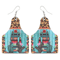 DESSERT BLOOMING CACTUS CATTLE TAG DANGLE AND DROP WOOD PRINT HOOK EARRINGS IN SILVER TONE METAL