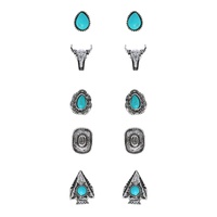 6-PAIR ASSORTED WESTERN THEMED STUD TURQUOISE SEMI STONE EARRINGS SET