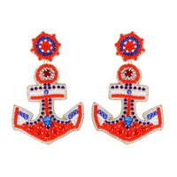 2-TIER JEWELED PATRIOTIC USA NAUTICAL SHIP ANCHOR BEADED EMBROIDERY DANGLE AND DROP EARRINGS