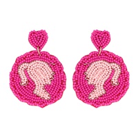 2-TIER TWO TONE HEART POST GIRL SILHOUETTE DISC DANGLE AND DROP BEADED EMBROIDERY EARRINGS