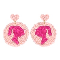 2-TIER TWO TONE HEART POST GIRL SILHOUETTE DISC DANGLE AND DROP BEADED EMBROIDERY EARRINGS