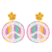 2-TIER MULTICOLOR FLORAL PEACE SIGN BEADED EMBROIDERY DANGLE AND DROP EARRINGS