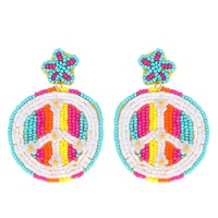 2-TIER MULTICOLOR FLORAL PEACE SIGN BEADED EMBROIDERY DANGLE AND DROP EARRINGS