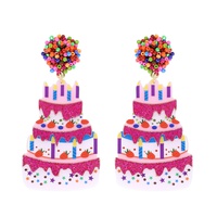ACETATE GLITTER BIRTHDAY CAKE POM POM BEADED LONG DROP PARTY EARRINGS