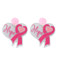 2-TIER "HOPE" BREAST CANCER AWARENESS PINK RIBBON AND HEART ACETATE GLITTER DANGLE AND DROP EARRINGS