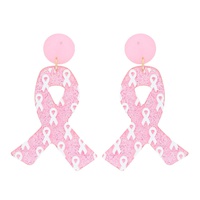 2-TIER BREAST CANCER AWARENESS PINK RIBBON ACETATE GLITTER DANGLE AND DROP EARRINGS