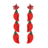 4-TIER JEWELED CHILI PEPPERS PEPPERONI BEADED EMBROIDERY LONG DROP EARRINGS