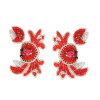 2-TIER JEWELED RED CRAB BEADED EMBROIDERY DANGLE AND DROP EARRINGS