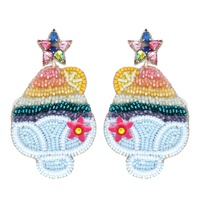 2-TIER JEWELED TROPICAL RAINBOW SNOW CONE BEADED EMBROIDERY LONG DROP EARRINGS