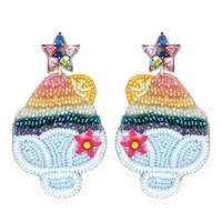 2-TIER JEWELED TROPICAL RAINBOW SNOW CONE BEADED EMBROIDERY LONG DROP EARRINGS