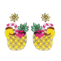 2-TIER JEWELED TROPICAL PINEAPPLE COCKTAIL BEADED EMBROIDERY DANGLE AND DROP EARRINGS