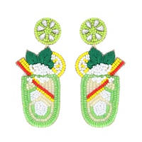 2-TIER JEWELED TROPICAL CUBAN MOJITO COCKTAIL BEADED EMBROIDERY LONG DROP EARRINGS