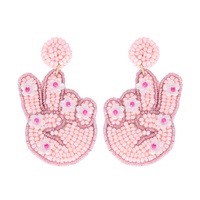 2-TIER PINK FLORAL PEACE SIGN BEADED EMBROIDERY DANGLE AND DROP EARRINGS