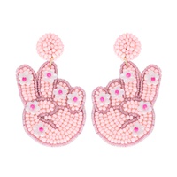 2-TIER PINK FLORAL PEACE SIGN BEADED EMBROIDERY DANGLE AND DROP EARRINGS