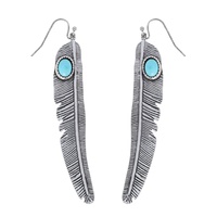 WESTERN TURQUOISE SEMI STONE FEATHER DANGLE AND DROP HOOK EARRINGS