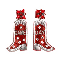 JEWELED WESTERN GAME DAY COWBOY BOOTS SEED BEAD HANDMADE BEADED EMBROIDERY LONG DROP EARRINGS